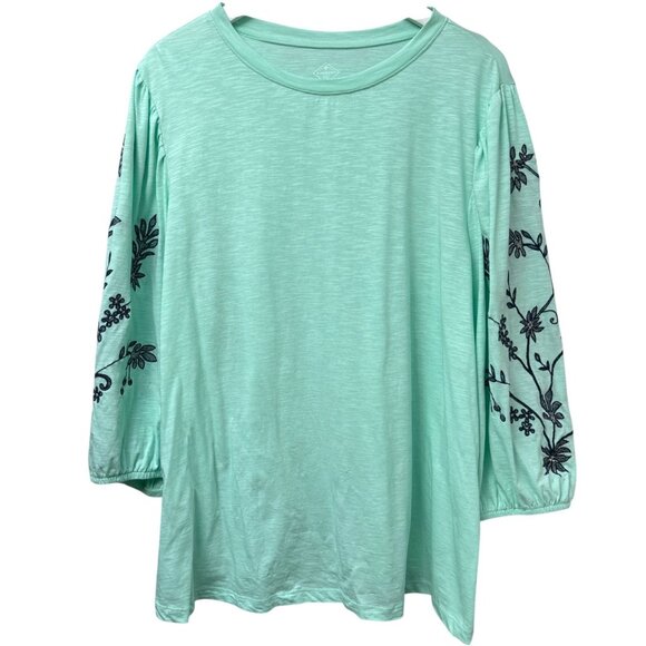 St Johns Bay Mint Green Top Plus Size 2X Embroidered Puff Sleeve Tunic Tee - Picture 1 of 8